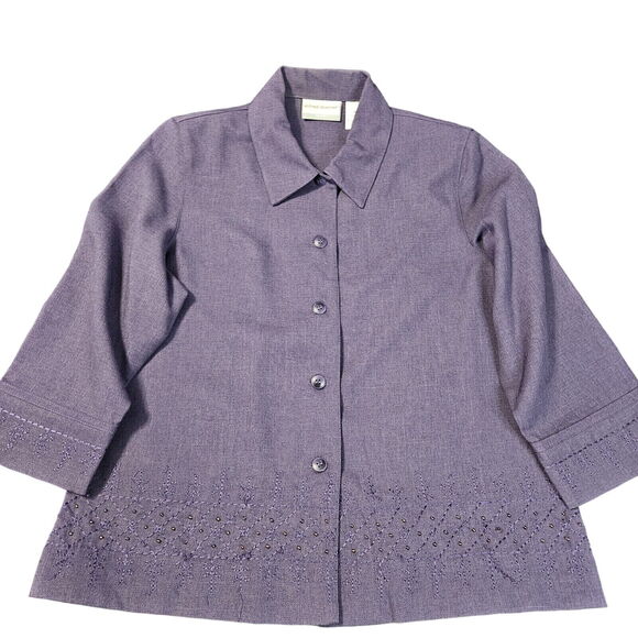 Alfred Dunner Womens Button Up Blouse Purple Size 10P 100% Polyester Beaded - Picture 1 of 12